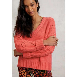 Anthropologie Pilcro Marla V Neck Coral Sweater Cuffed Sleeve Womens Small